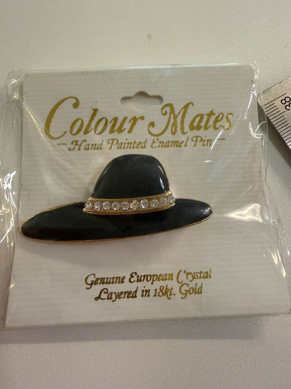 Colour Mates Black Enamel Wide Brim Hat Brooch Crystal 18K Gold Layered
